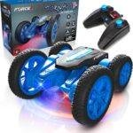 Force1 Tornado Blue LED Remote Control Car for Kids- Double Sided Driving Fast RC Cars 360 Flips, Outdoor 4WD Off Road Stunt RC Car, All Terrain Tires, RC Crawler Rechargeable Battery, 2.4GHz Remote